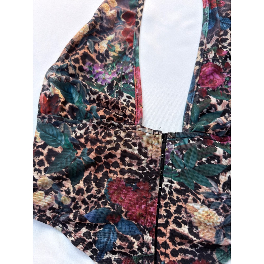 Leopard Floral Halter Corset Crop Top Y2K Mesh Hook & Eye Festival Sz Med - Picture 6 of 6